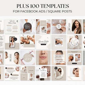 K&ouml;nnte beinhalten: Eine Sammlung von 100 Social-Media-Vorlagen f&uuml;r Facebook-Anzeigen und quadratische Beitr&auml;ge. Die Vorlagen zeichnen sich durch eine minimalistische &Auml;sthetik mit einem beige-wei&szlig;en Farbschema aus. Die Vorlagen enthalten Text&uuml;berlagerungen mit S&auml;tzen wie "Hautpflege-Routine", "Die besten Anti-Aging-Booster" und "Fr&uuml;hjahrsverkauf".