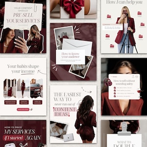 May include: A collage of images with a burgundy and cream color scheme. Text includes "Your content should pre-sell your services," "How to know your audience," and "The easiest way to never run out of content ideas!"