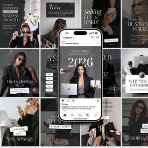 Könnte beinhalten: Eine Sammlung von Instagram-Posts mit einer einheitlichen Schwarz-Weiß-Ästhetik. Die Beiträge enthalten Texte über Geschäftswachstum, Führungsqualitäten und Social-Media-Strategie. Ein Telefon zeigt einen Instagram-Post mit dem Text "What actually grows your biz in 2026".