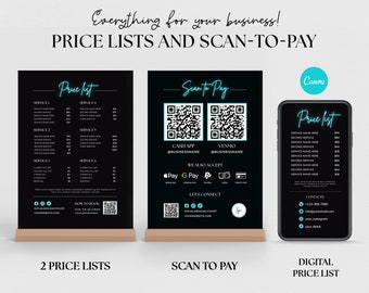 May include: Black and teal price list and scan-to-pay signage. The image includes two price list displays and a smartphone displaying a digital price list. The text reads "Everything for your business!" and "Price Lists and Scan-to-Pay."