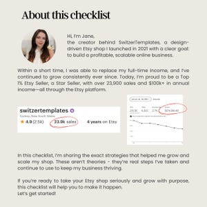 May include: A webpage titled "About this checklist" with text and graphics. Includes a photo of a woman, a shop logo, sales data, and a graph. The text highlights Etsy shop growth strategies and the shop's success.