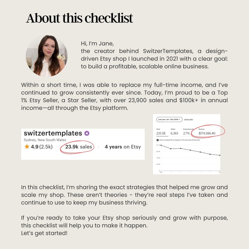 May include: A webpage titled "About this checklist" with text and graphics. Includes a photo of a woman, a shop logo, sales data, and a graph. The text highlights Etsy shop growth strategies and the shop's success.