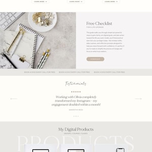 May include: Website design for a life coach named Olivia, featuring a clean, minimalist aesthetic. The site offers services like clarity, mindset, and productivity coaching, with a focus on personal and business growth. Includes digital products and a blog.