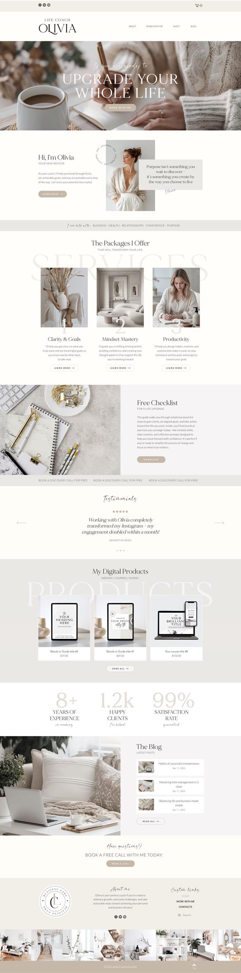 May include: Website design for a life coach named Olivia, featuring a clean, minimalist aesthetic. The site offers services like clarity, mindset, and productivity coaching, with a focus on personal and business growth. Includes digital products and a blog.