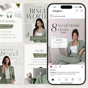 以下が含まれることがあります： 統一感のある美学を持つInstagramの投稿のコレクション。投稿には、グリーンスーツを着た女性、ラップトップ、および「Binge Worth Content」や「Social Media Hooks」などのフレーズを含むテキストオーバーレイが表示されます。全体的なテーマはソーシャルメディアマーケティングです。
