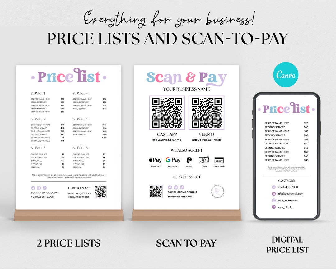 Editable Scan to Pay Card, QR Code Sign Template, Editable Price List ...