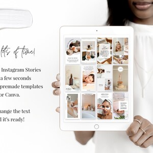 Puede incluir: Una tableta que muestra una cuadr&iacute;cula de 16 plantillas de historias de Instagram para un spa o un negocio de belleza. Las plantillas incluyen im&aacute;genes de tratamientos de spa, productos y superposiciones de texto. El texto en la pantalla dice "&iexcl;Ahorra mucho tiempo! Crea tus historias de Instagram en solo unos segundos usando estas plantillas prefabricadas para Canva. &iexcl;Solo cambia el texto y listo!"