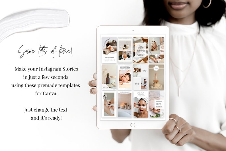 Puede incluir: Una tableta que muestra una cuadr&iacute;cula de 16 plantillas de historias de Instagram para un spa o un negocio de belleza. Las plantillas incluyen im&aacute;genes de tratamientos de spa, productos y superposiciones de texto. El texto en la pantalla dice "&iexcl;Ahorra mucho tiempo! Crea tus historias de Instagram en solo unos segundos usando estas plantillas prefabricadas para Canva. &iexcl;Solo cambia el texto y listo!"