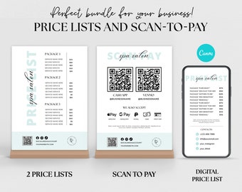 May include: A digital price list for a spa salon with two price lists and a scan-to-pay option. The price lists are on white paper with a light blue border and the scan-to-pay option is on a white background with a light blue border. The scan-to-pay option includes QR codes for Cash App and Venmo. The price lists include services and prices for different packages. The digital price list is on a smartphone screen.