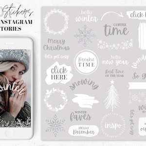100 autocollants Instagram Story d’hiver en | blanc et gris Autocollant d’histoire Instagram de Noël | signes, mots, flocons de neige, sapin, vacances