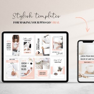 K&ouml;nnte beinhalten: Ein digitales Tablet und ein Smartphone, auf denen acht Social-Media-Vorlagen f&uuml;r Pinterest angezeigt werden. Die Vorlagen haben ein rosa-wei&szlig;es Farbschema mit Text, der "Stilvolle Vorlagen, um Ihre Pins viral zu machen", "45% Lorem Ipsum Dolor", "W&ouml;rter bekommen Lorem Ipsum", "Lorem Ipsum", "Wie man seine Nische findet", "Blog wachsen lassen", "Schauen Sie sich Lorem Ipsum an", "Lass uns n&auml;her kommen" und "Lorem Ipsum Dolor Dolor Sit Amet Elit" lautet.
