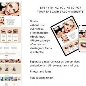May include: A website design template for an eyelash salon business. The template includes blocks for "About us", "Services", "Testimonials", "Bookings", "Photo gallery", "Our team", "Instagram feed", and "Contacts". The template also includes separate pages for "Contact us", "Our services and price-list", "All reviews", and "Terms of use".