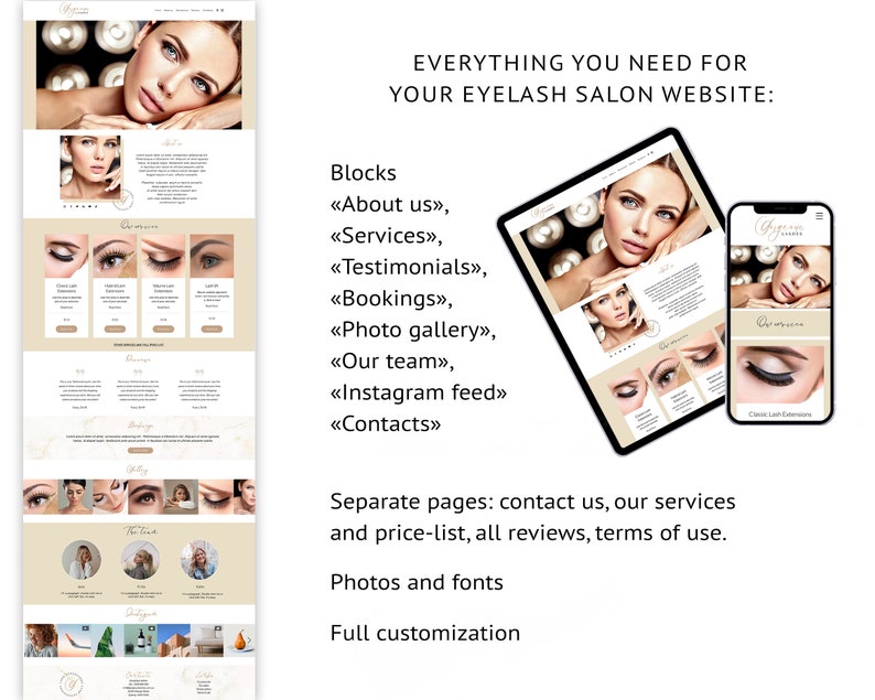 May include: A website design template for an eyelash salon business. The template includes blocks for "About us", "Services", "Testimonials", "Bookings", "Photo gallery", "Our team", "Instagram feed", and "Contacts". The template also includes separate pages for "Contact us", "Our services and price-list", "All reviews", and "Terms of use".