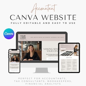 May include: A Canva website template for accountants, tax consultants, bookkeepers, and financial analysts. The template features a modern design with a light background and a photo of a woman working on a laptop. The text "Making Sense of Your Cents" is prominently displayed on the website.
