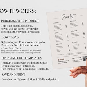 May include: A white and beige printable price list template for a beauty salon or spa. The template includes a section for services, prices, and a QR code for booking appointments. The text "Price List" is written in cursive.