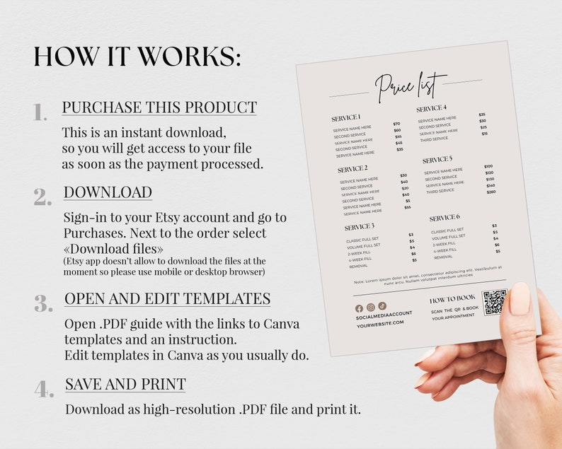 May include: A white and beige printable price list template for a beauty salon or spa. The template includes a section for services, prices, and a QR code for booking appointments. The text "Price List" is written in cursive.