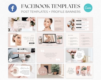 May include: A collection of pink and white Facebook post templates and profile banners for beauty and wellness businesses. The templates feature images of flowers, makeup, and skincare products. The text on the templates includes phrases like "Our Special Offer", "The Best Heading Goes Here", and "Coupon Discount 25%".