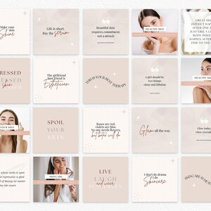 May include: A collage of 16 pink and white squares with inspirational quotes about skincare and beauty. The quotes include "Make your skin shine", "Life is short, buy the serum", "Beautiful skin requires commitment, not a miracle", "Stressed, blessed, obsessed", "The girlfriend best friend is an esthetician", "This is your best therapy", "A girl should be two things: classy and fabulous", "Spoil your skin", "Roses are red, violets are blue, no one needs flowers, but better skin will do", "Glam all the way", "Glow today, glow everyday", "A woman whose smile is open and whose expression is glad has a kind of beauty no matter what she wears", "Skincare is healthcare", "Live, laugh and wear sunscreen", "I don't do drama, I do skincare".