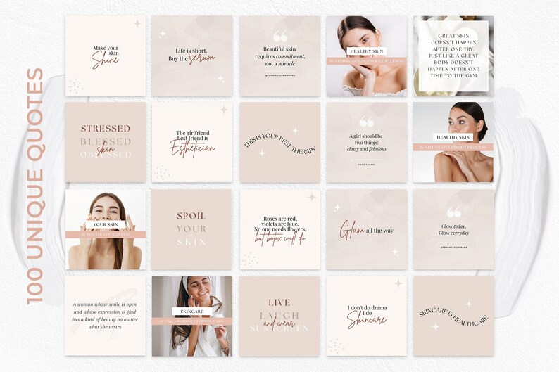 May include: A collage of 16 pink and white squares with inspirational quotes about skincare and beauty. The quotes include "Make your skin shine", "Life is short, buy the serum", "Beautiful skin requires commitment, not a miracle", "Stressed, blessed, obsessed", "The girlfriend best friend is an esthetician", "This is your best therapy", "A girl should be two things: classy and fabulous", "Spoil your skin", "Roses are red, violets are blue, no one needs flowers, but better skin will do", "Glam all the way", "Glow today, glow everyday", "A woman whose smile is open and whose expression is glad has a kind of beauty no matter what she wears", "Skincare is healthcare", "Live, laugh and wear sunscreen", "I don't do drama, I do skincare".
