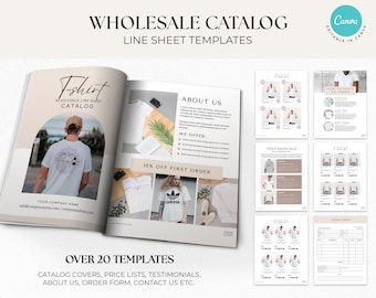 Puede incluir: Una plantilla de catálogo para un negocio de camisetas. La portada presenta a un hombre con una camiseta blanca con un diseño gráfico. El catálogo incluye páginas para sobre nosotros, testimonios, formularios de pedido y una lista de precios. El catálogo es editable en Canva. El texto de la portada dice "T-shirt Wholesale Line Sheet Catalog" y "Your Company Name".