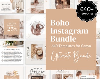 Puede incluir: Un collage de imágenes que promocionan un paquete de Instagram boho con 640 plantillas para Canva. Las imágenes presentan una variedad de estilos, incluyendo elementos naturales, moda y citas inspiradoras. El texto "Boho Instagram Bundle" y "640 Templates for Canva" se muestra de forma destacada.