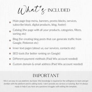 May include: A graphic with the words "What's INCLUDED" in a script font. The text lists features such as the main page, catalog, blog, inner text pages, SEO tools, payment methods, and custom domain. Below, the word "IMPORTANT" is displayed.