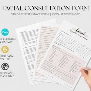 Bearbeitbares Gesichtsbesprechungsformular Kundenaufnahmeformular Schönheitssalon Druckbare bearbeitbare Spa-Formulare Hautpflege Business Kosmetikerin CANVA-Vorlage