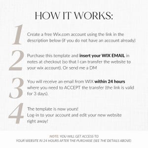 May include: A beige graphic with the text "HOW IT WORKS:" and numbered steps. Instructions include creating a Wix.com account, purchasing a template, inserting an email, and accepting a transfer. The final step is to log in and edit the website.