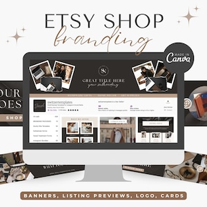 May include: A computer screen mockup showing an Etsy shop branding template with a dark gray background. The template features a logo with the initials "SN" in a floral wreath, a banner with the text "GREAT TITLE HERE your subheading", and a section for listing previews. The text "HANDMADE GIFTS", "HOME DECOR", and "ART SUPPLIES" are displayed in a light brown font. The text "switzertemplates" is displayed in a light brown font with a link to the shop's website. The text "On sale" is displayed in a light brown font. The text "BRANDING PACKAGES" is displayed in a light brown font. The text "WHAT WE OFFER" is displayed in a light brown font. The text "LOREM IPSUM" is displayed in a light brown font. The text "EXTRA INFO" is displayed in a light brown font. The text "WHAT YOU" is displayed in a light brown font. The text "SLOGAN HERE" is displayed in a light brown font. The text "MADE IN Canva" is displayed in a white font on a brown background. The text "BANNERS, LISTING PREVIEWS, LOGO, CARDS" is displayed in a light brown font.