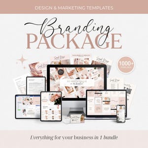 Puede incluir: Un diseño de paquete de marca con una variedad de plantillas de marketing digital. La imagen incluye una computadora de escritorio, tabletas y teléfonos inteligentes que muestran maquetas de sitios web y diseños de redes sociales. El texto incluye "Branding Package".