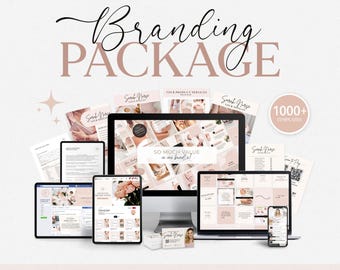 Puede incluir: Un diseño de paquete de marca con una variedad de plantillas de marketing digital. La imagen incluye una computadora de escritorio, tabletas y teléfonos inteligentes que muestran maquetas de sitios web y diseños de redes sociales. El texto incluye "Branding Package".