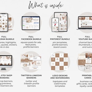 May include: A graphic showing different social media templates for Instagram, Facebook, Pinterest, YouTube, Etsy, Twitter, LinkedIn, and logo designs. The templates are in a neutral color palette of brown and white.