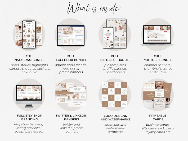 May include: A graphic showing different social media templates for Instagram, Facebook, Pinterest, YouTube, Etsy, Twitter, LinkedIn, and logo designs. The templates are in a neutral color palette of brown and white.