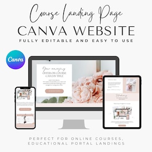 以下が含まれることがあります： オンラインコースのウェブサイトのランディングページのモックアップです。ページはピンクの花柄の背景に、「今すぐ始めよう！」と書かれた白いCTAボタンが配置されています。ページのテキストには、「あなたの素晴らしいオファーまたはコースキャッチーなタイトル」と表示されています。ページは、コンピューター、タブレット、モバイルフォンで使用できるように設計されています。