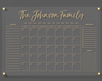 Calendario acrílico con texto dorado para pared / Calendario familiar mensual personalizado / Planificador de notas borrable en seco
