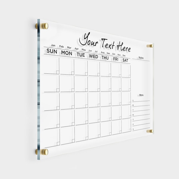 Acrylkalender GOLD Text | Monatliche trocken abwischbare Tafel | Benutzerdefinierter Wandkalender mit Randnotizen | Monatlicher Wochenkalender 2024 | Kostenlose Vorschau