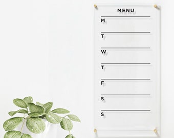 Tablero de menú acrílico para pared / Menú personalizado de borrado en seco / Decoración de cocina / Planificador de comidas para pared / Menú semanal acrílico con marcador