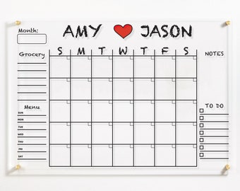 Calendario acrílico / Pizarra borrable en seco personalizada / Calendario de pared familiar con notas laterales / Calendario mensual y semanal 2025 con marcador
