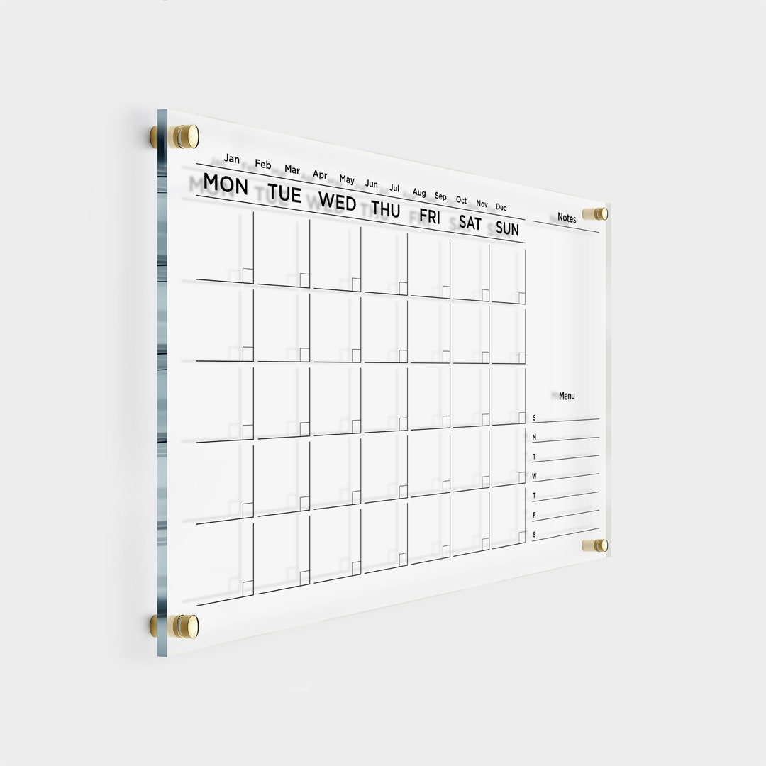 Acrylic Calendar With Side Notes Dry Erase Calendar for Wall WHITE TEXT  Lucite Calendar 