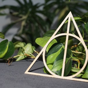 Peut inclure: Une découpe en bois du symbole des Reliques de la Mort, un triangle avec un cercle à l'intérieur et une ligne verticale traversant le cercle, est placée sur une surface grise. Le symbole est entouré de feuilles vertes.