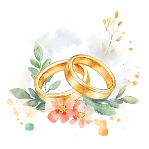 21 Clipart di anelli di nozze d'oro floreali, fedi nuziali, clipart di acquerelli stampabili, JPG di alta qualità, download digitale