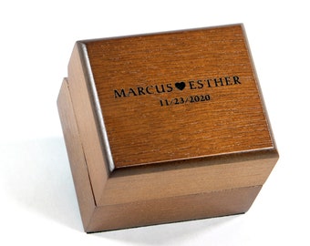 Custom Engraved Engagement Names & Date Wooden Ring Box - Great for proposals, weddings, anniversary, engagements, gifts