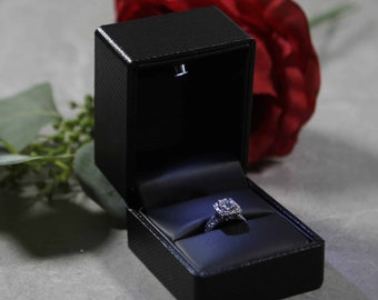 Black Engagement Ring Box with LED light -Great for proposals, weddings, anniversary, engagements, birthdays - Ring Polishing Cloth Included