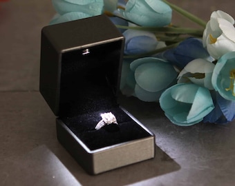 Grey Engagement Ring Box with LED light - Great for proposals, weddings, anniversary, engagements, birthdays - Ring Polishing Cloth Included