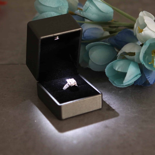 Grey Engagement Ring Box with LED light - Great for proposals, weddings, anniversary, engagements, birthdays - Ring Polishing Cloth Included