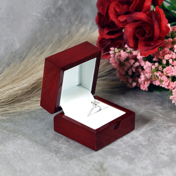 Glossy Rosewood Modern Engagement Ring Box - Great for proposals, weddings, anniversaries, engagements, birthdays, gift for her