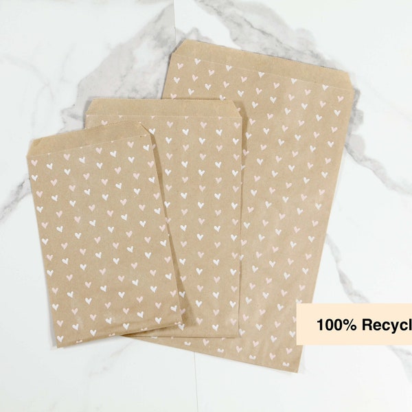 100 Pack Heart Pattern -100% Recycled Paper- Kraft Flat Paper Gift Bags, Eco Friendly Bags, Great for packaging, merchandise, gifts, wedding