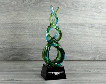 Custom Engraved Green Helix Art Glass Award ,Abstract Glass Sculpture, Glass Sculpture ,Art Glass Decor, Great for Home Decor