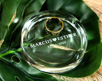 Personalized Names/Dates Clear Crystal Ring Dish,  Glass Wedding Ring Dish, Mens Ring Dish, Custom Jewelry Dish, 4th Anniversary Gift