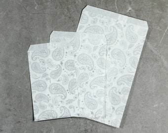 100 Pack Silver Paisley Patterned Flat Paper Gift Bags - Great for packaging, merchandise, gifts, weddings, party, treat bags, gift bags